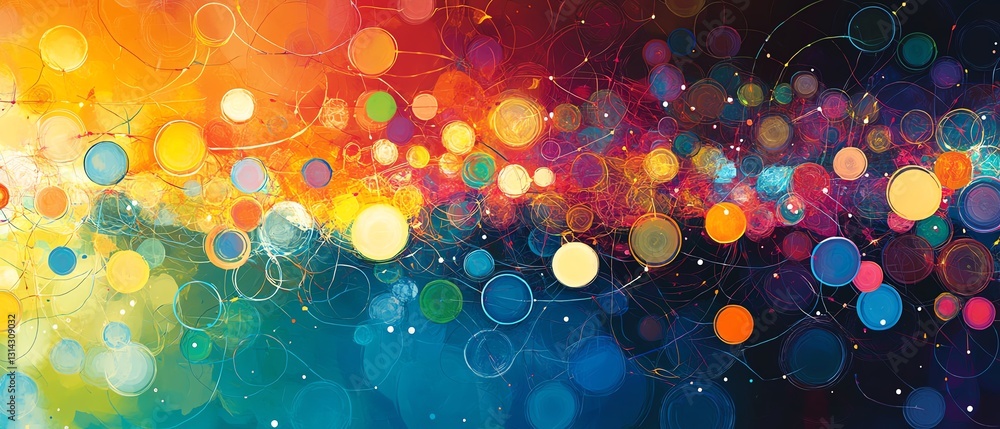 Poster A colorful and dynamic abstract design featuring circles connected by lines, forming a visually striking and engaging pattern full of vibrant colors