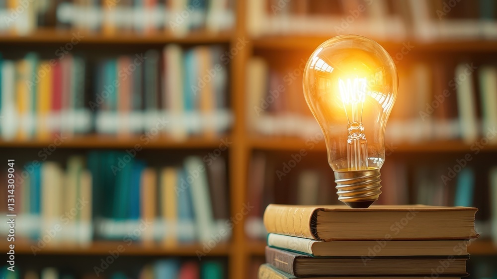 Poster illuminated lightbulb on stack of books in library knowledge and education concept