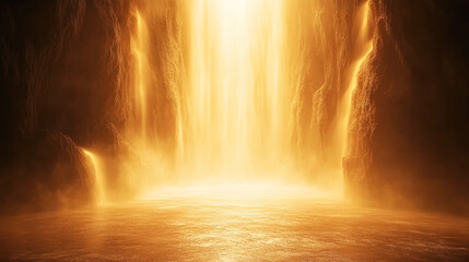 Majestic golden waterfall illuminating a mystical canyon