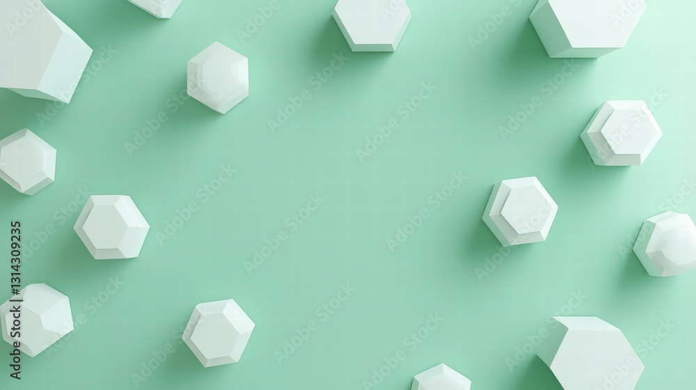 Poster abstract hexagon shapes on mint background: an artistic arrangement of white geometric hexagon shape
