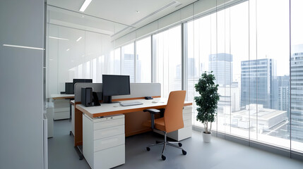 Bright Modern Office Interior With Desk Chairs Computers And City View Through Large Windows In Contemporary Workspace