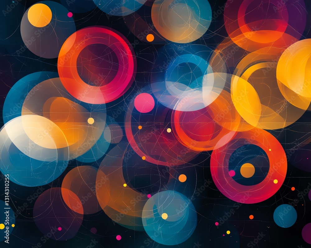 Poster A dynamic abstract pattern with colorful circles interconnected by lines, forming a captivating and complex visual design with a modern feel