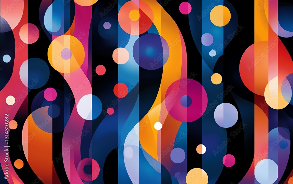 Poster A dynamic and colorful abstract design with circles and lines interwoven, forming an eyecatching and engaging pattern full of energy