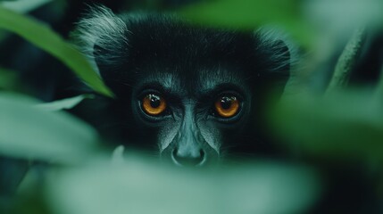 Obraz premium Deep in the lush forest, an animal with glowing eyes peers curiously from the shadows, surrounded by verdant leaves.