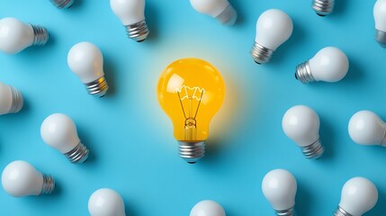 A glowing yellow light bulb surrounded by white bulbs on a blue backdrop, illustrating creativity, innovation, and the illumination of new ideas