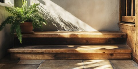 A photograph of a contemporary exterior stairway, leading up to a porch or entrance. The stairs are made of wood and feature a natural stone patio at the top. A wooden planter sits on the landing,