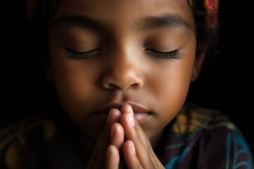 Fototapeta premium Child with closed eyes and clasped hands, embodying serenity and focus in a moment of prayer, with soft lighting highlighting peaceful expression