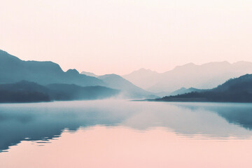 Tranquil misty lake with serene reflections of distant mountains under a soft pink sky, evoking a sense of peace and calm.