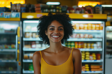 A smiling Brazilian woman posing in a brightly lit supermarket. In the background there are shelves with products and a refrigerator with drinks.