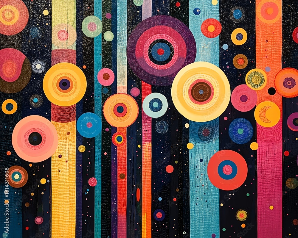 Poster A vibrant abstract composition with circles of different colors connected by lines, forming a stunning and complex pattern of interconnectivity