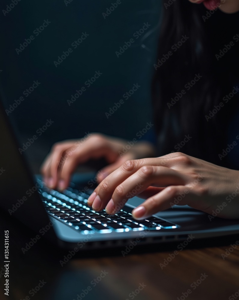 Poster woman hands typing on a laptop keyboard in the dark setting. the glow from the screen illuminates he