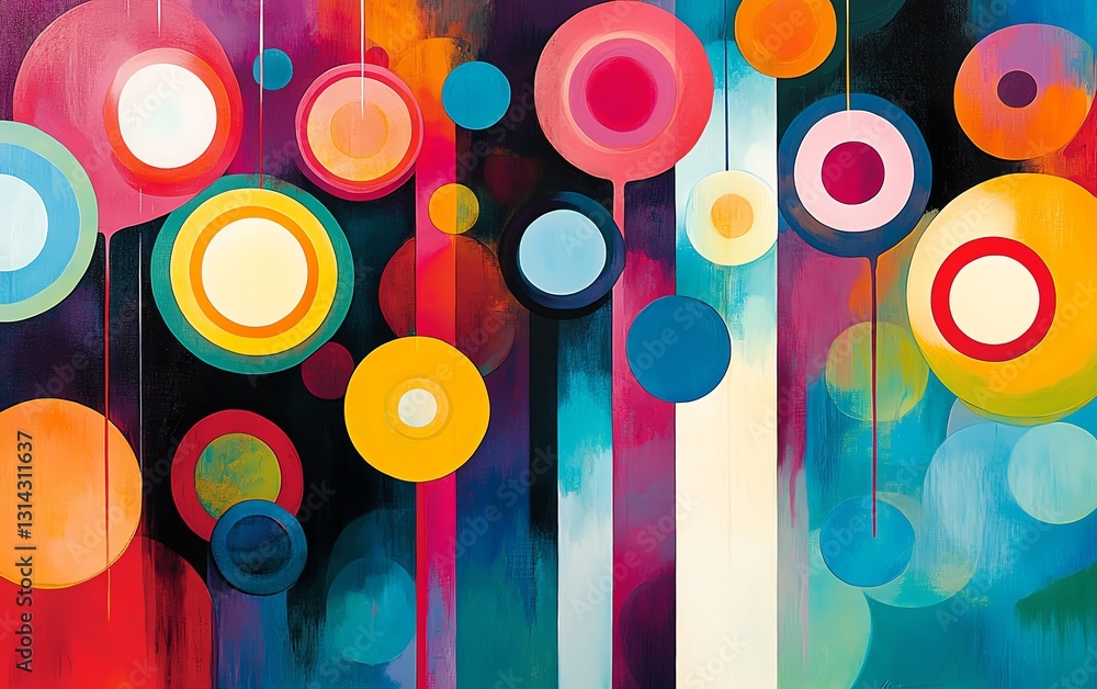 Poster A vibrant abstract composition of various circles linked by lines, creating a bold and visually captivating design with dynamic, colorful energy