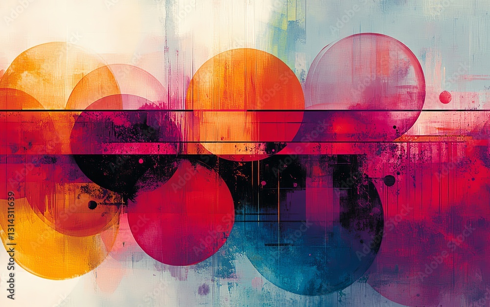 Poster A vibrant abstract composition of various circles linked by lines, creating a bold and visually captivating design with dynamic, colorful energy