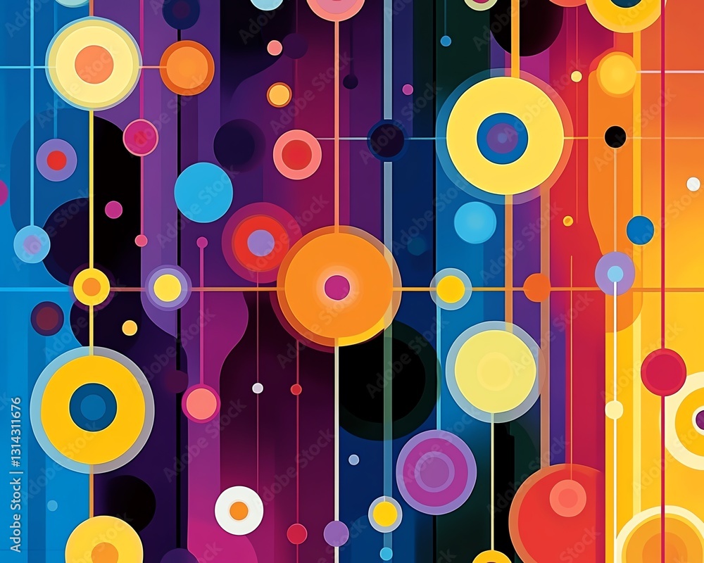 Fototapete A vibrant abstract pattern featuring circles connected by lines, creating a visually engaging and harmonious design with bold colors