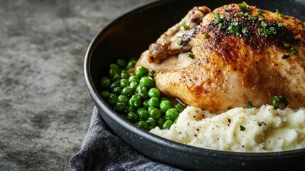 Juicy Roasted Chicken with Mashed Potatoes and Green Peas on Dark Stone Surface