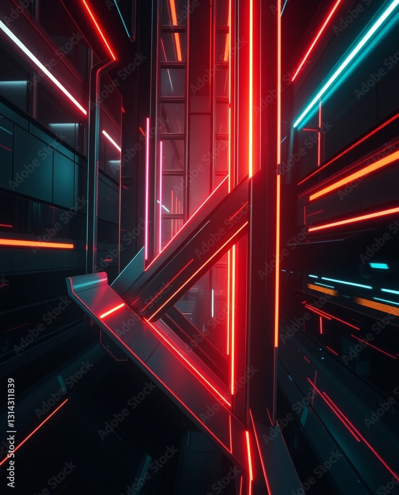 Poster futuristic architecture with vibrant neon lights, the scene is filled with geometric shapes and patterns