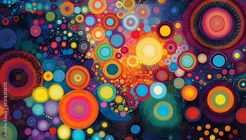 Aufkleber A vibrant and colorful abstract design with various circles connected by lines, forming an intricate and engaging visual pattern