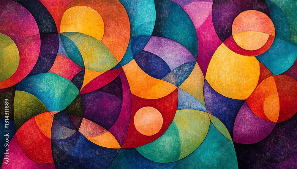 Poster A vibrant and colorful abstract design with various circles connected by lines, forming an intricate and engaging visual pattern