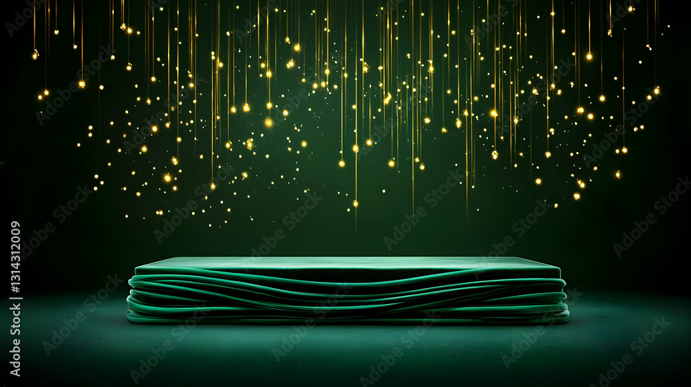 Poster elevated emerald green rectangular podium with gold sparkles on a dark green background in a 3d rend