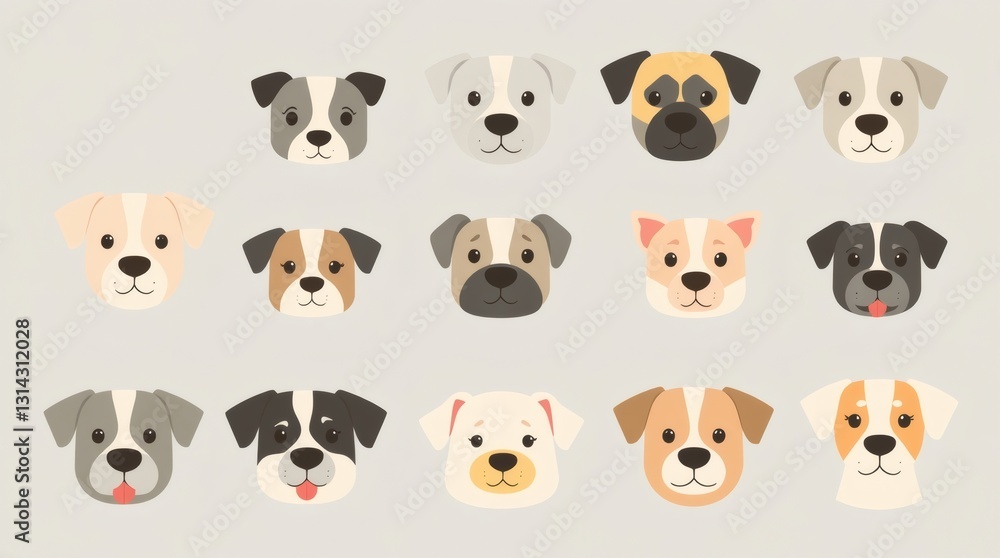 Poster a collection of various cartoon dog faces, each with unique expressions and fur patterns