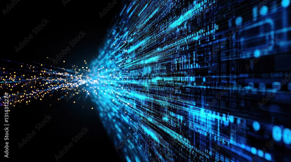 Poster abstract digital data stream with blue and yellow lights on black background