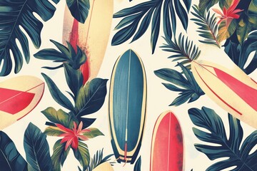 Tropical surfboard pattern intermixed with palm leaves in a retro style.