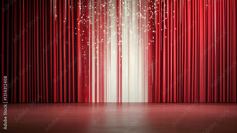 Aufkleber grand red stage curtain with falling sparkles and illuminated spotlight on empty polished floor in t