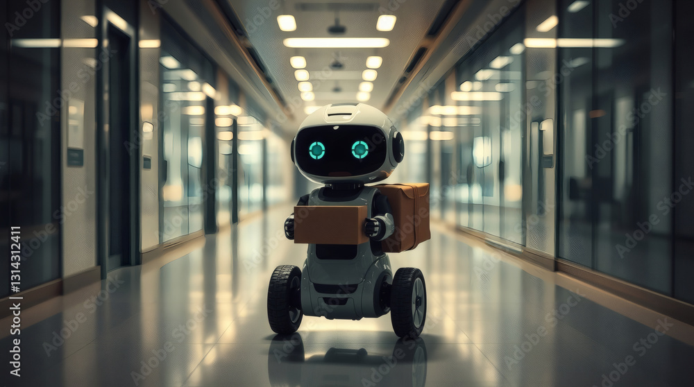 Poster a robot is navigating a corridor while carrying a package, showcasing futuristic delivery