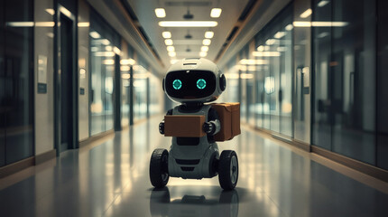 a robot is navigating a corridor while carrying a package, showcasing futuristic delivery