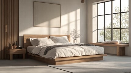 Serene Minimalist Bedroom: Sunlight streams through a large window in this calm and stylish bedroom, illuminating a minimalist bed with light wood frame and crisp white linens.