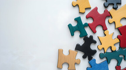 Fototapeta premium Colorful Wooden Puzzle Pieces Scattered on White Background Problem Solving Concept