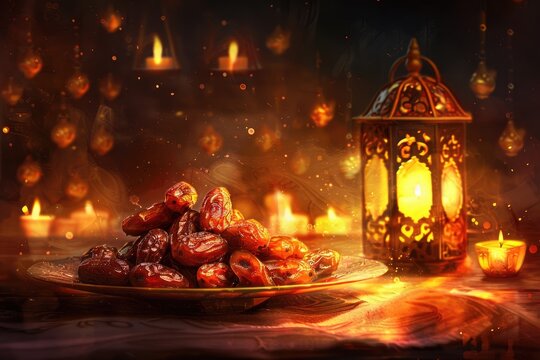 A visually rich Ramadan still life with Fard dates, elegant diya lamp lighting, and an Arabic lantern, symbolizing the spirituality of the holy month