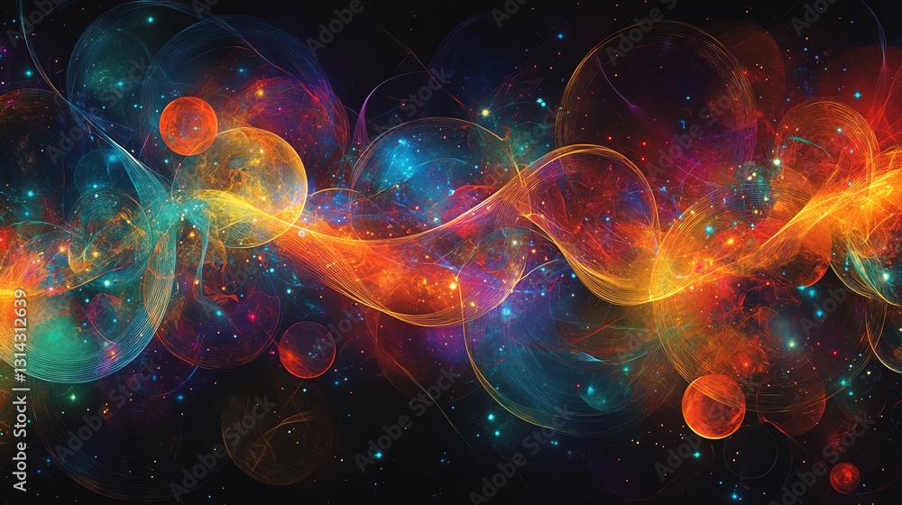 Poster A visually engaging, colorful abstract pattern with multiple circles linked by lines, creating an intricate and dynamic design full of energy