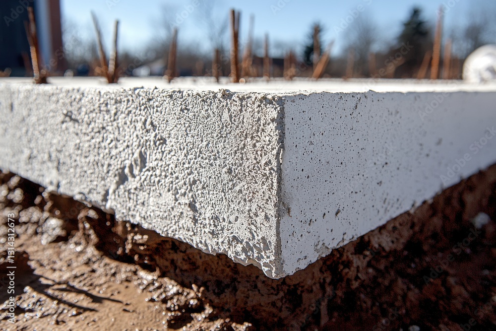Poster detailed view of a newly constructed concrete foundation, showing the rough texture and embedded reb