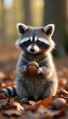 Fototapeta premium Cute raccoon holding acorn in forest during autumn. The raccoon is standing on ground covered with fallen leaves, with trees and soft, warm light in background. Nature, wildlife