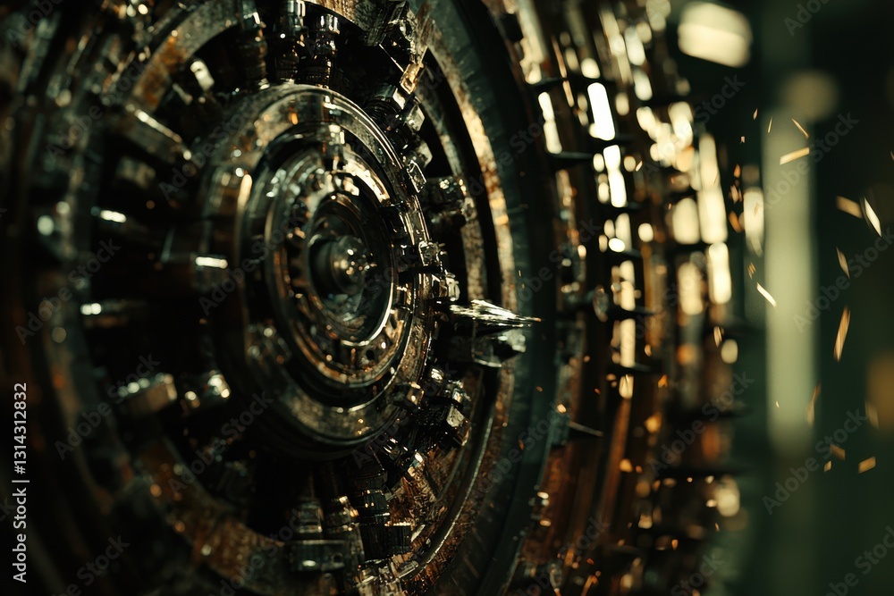 Poster intricate steampunk mechanism featuring interlocking gears and metallic details, illuminated by spar