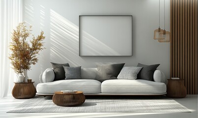 Modern Living Room Decor with Gray Sofa Abstract Art and Natural Lighting