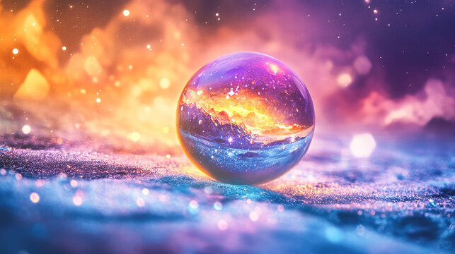 Vibrant crystal ball in mystical fantasy landscape with colorful cosmic reflections