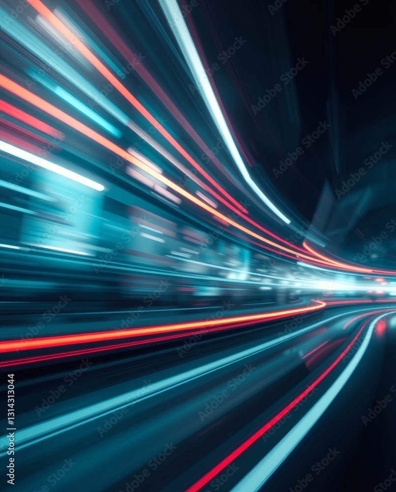 Poster futuristic light trails streak through the night sky, creating a sense of speed and motion, and representing advanced technology