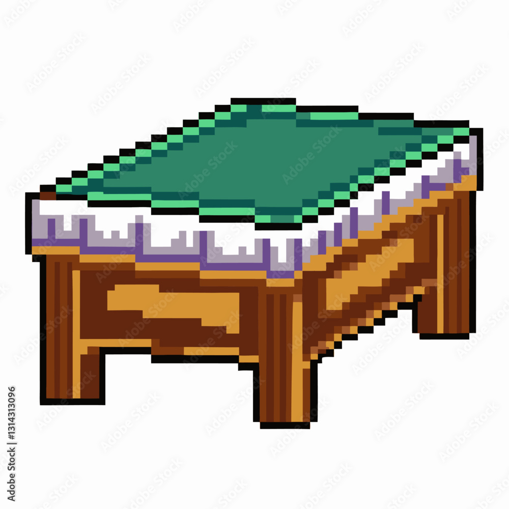 Poster pixel art table with green tablecloth in retro 8 bit style