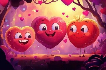 Valentine's Day theme with heart-shaped cartoon characters in pink and red.