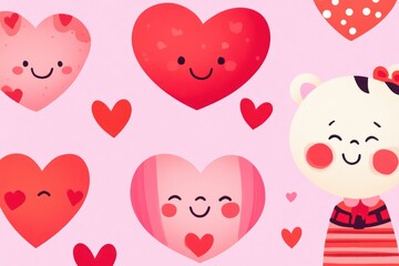Valentine's Day theme with heart-shaped cartoon characters in pink and red.
