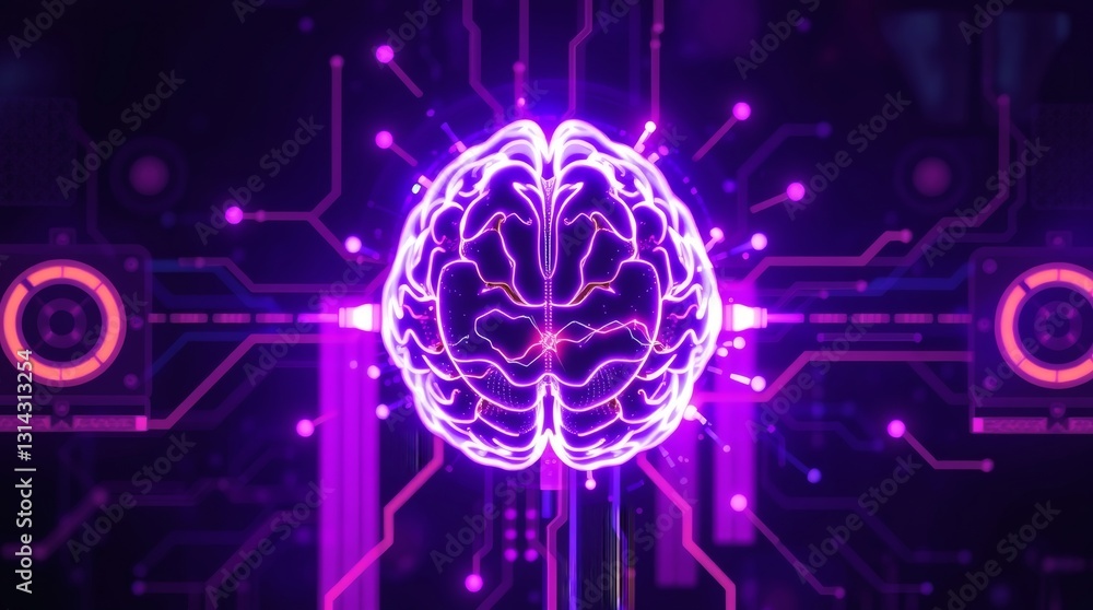 Aufkleber a neon illuminated brain representing artificial intelligence, surrounded by electronic circuits