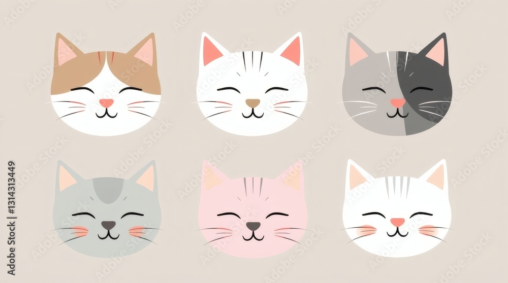 Poster a collection of adorable cartoon cats with different colors and patterns