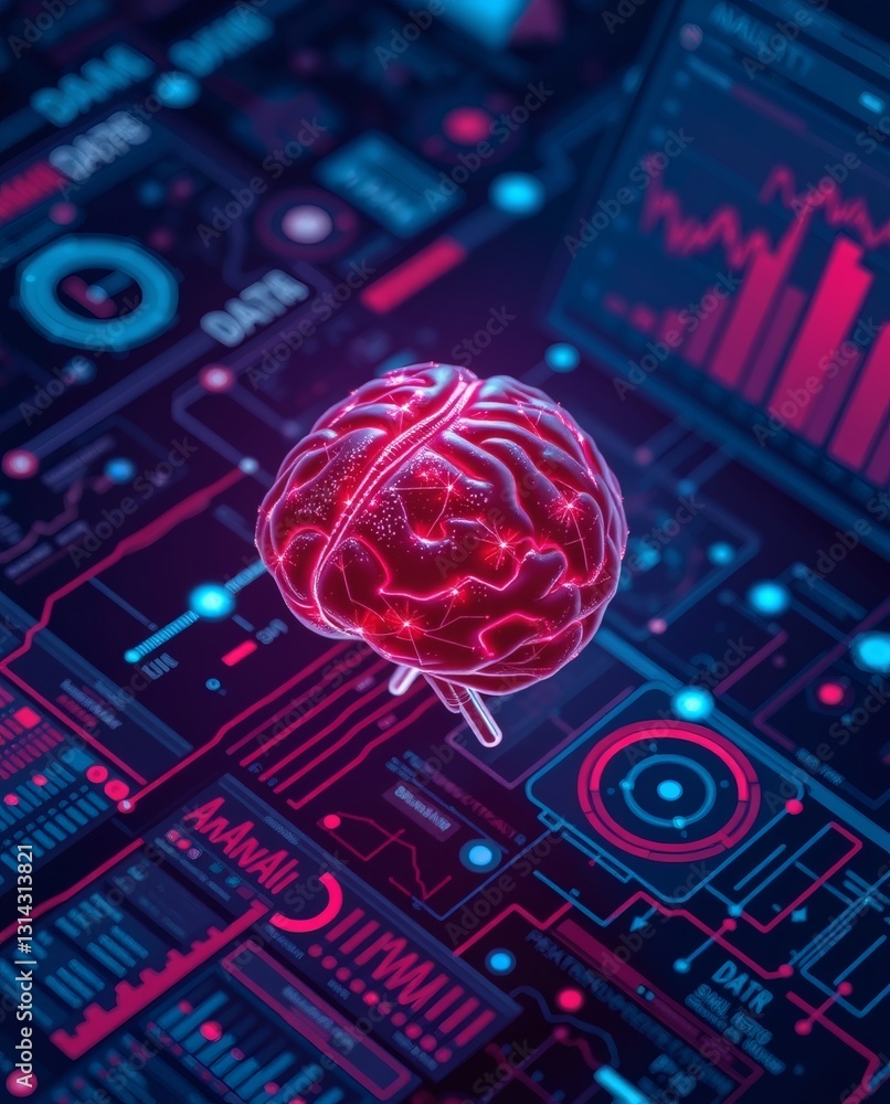 Aufkleber an illuminated brain floats above a motherboard with data visualization