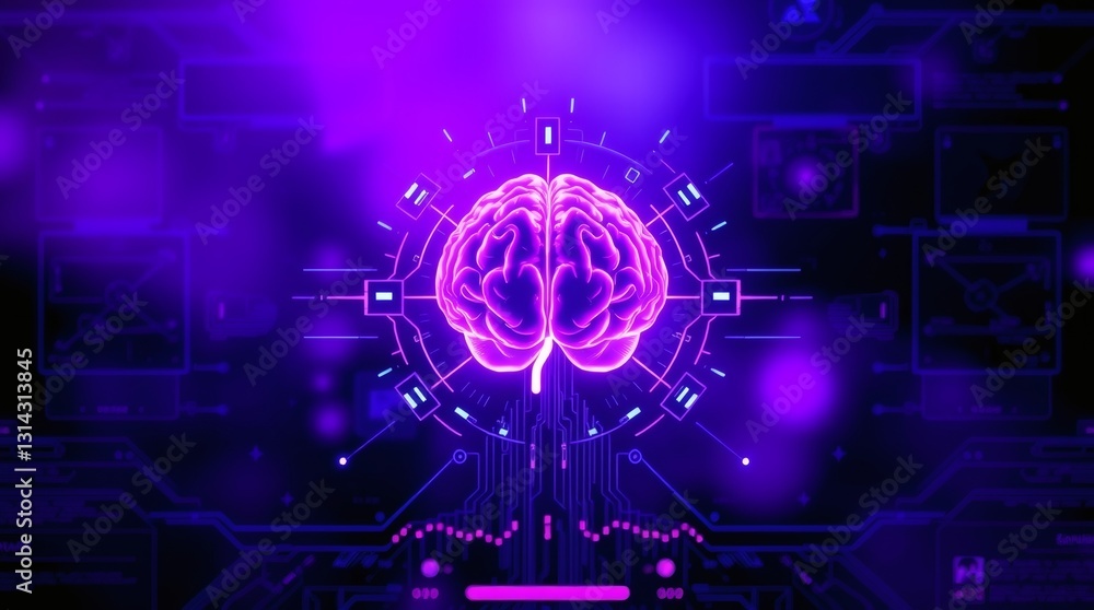 Poster a glowing brain symbolizing artificial intelligence and technology. It is surrounded by a complex circuit board design, and a purple light