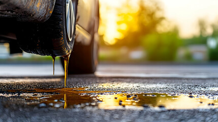 Golden Hour Light Illuminates Oil Leaking From A Car Tire Onto Asphalt Road