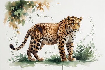 Obraz premium Majestic leopard in lush jungle on white background in watercolor style. 