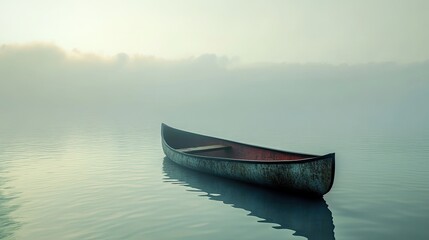 Naklejka premium Solitary Canoe Amidst Misty Waters, A Serene Aquatic Adventure Scene