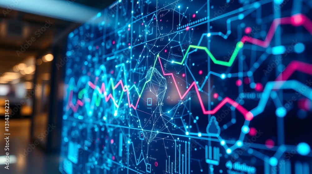 Poster a vibrant display showcasing financial data with colorful charts and graphs, conveying the complexities of market analysis and technological advancements. 